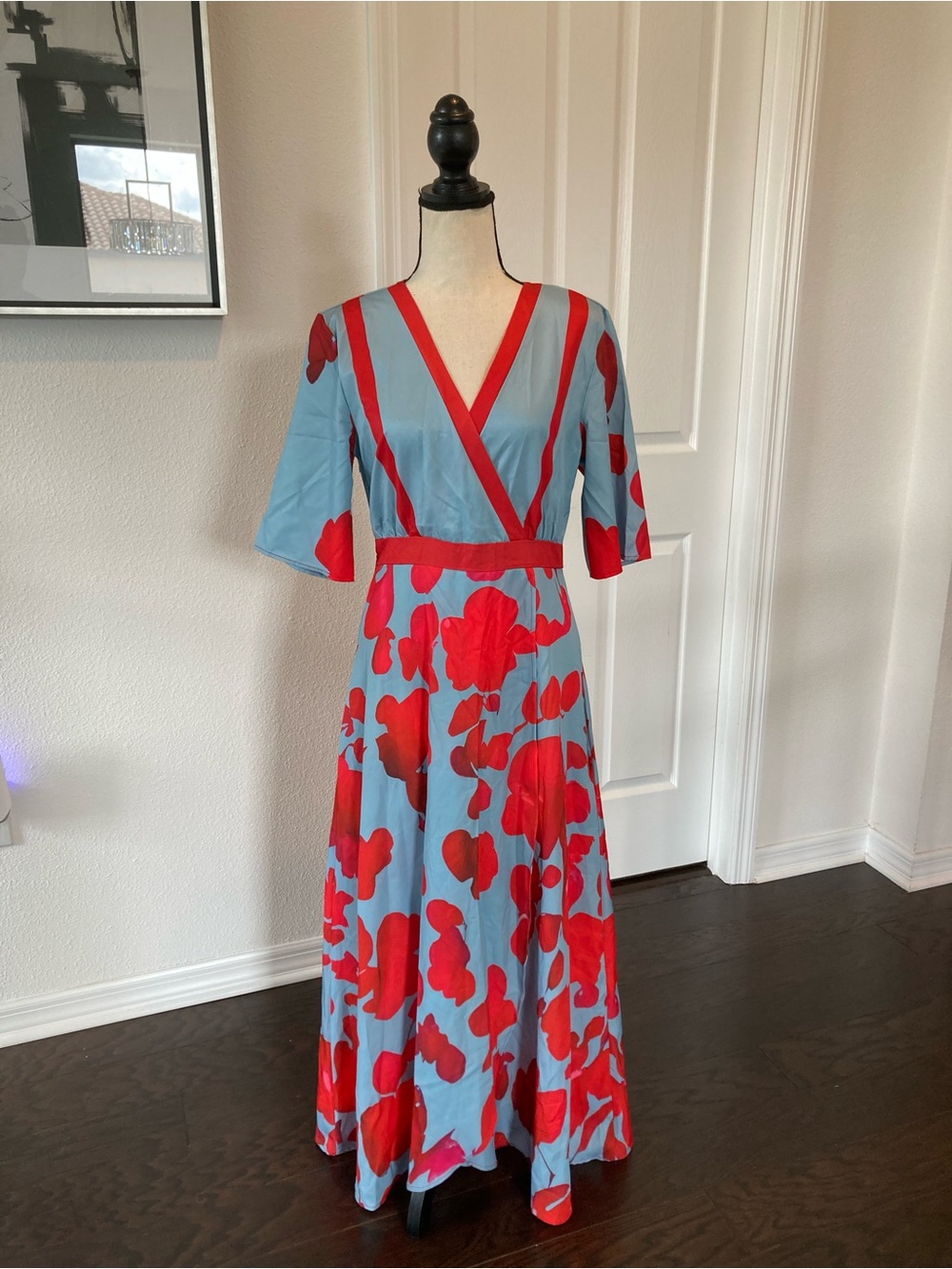Harper Blue Maxi Dress with Red Floral Print